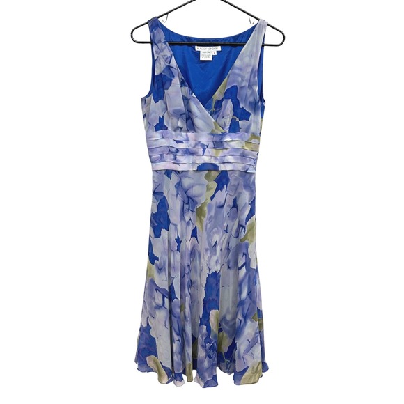 Maggy London Floral Silk Midi Dress Blue Purple Green Boho Chic Sz 8 - Picture 1 of 8